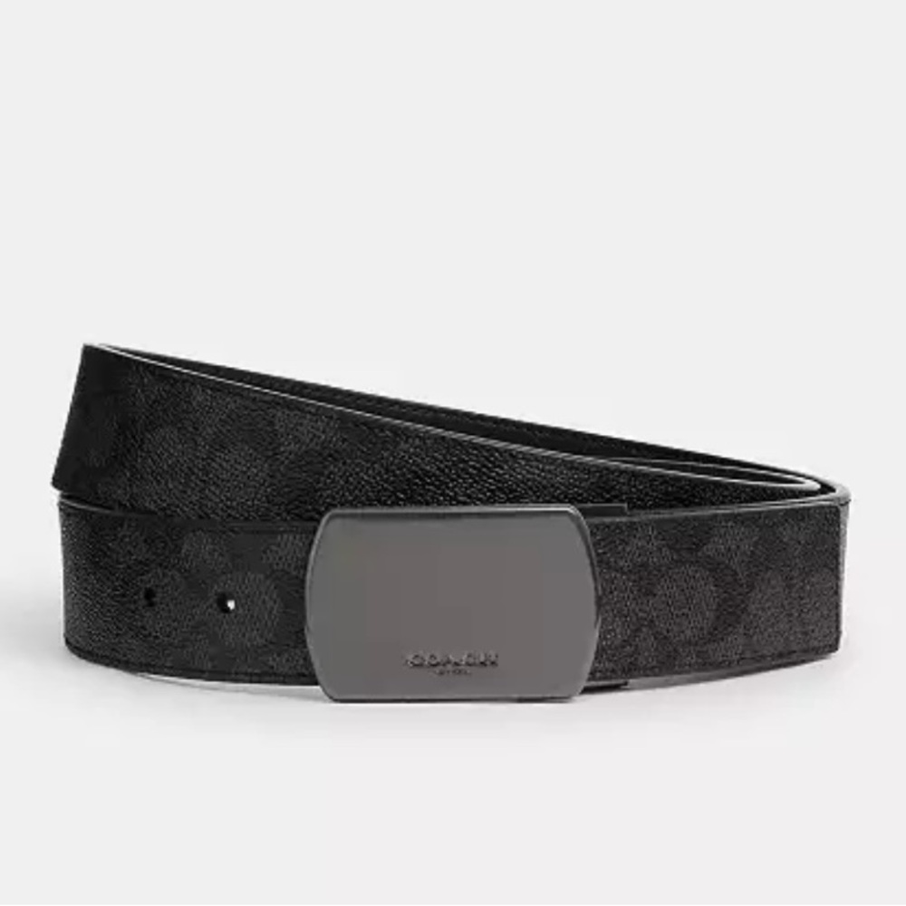 Coach Plaque Buckle Cut to Size Reversible Black Men's Leather Belt